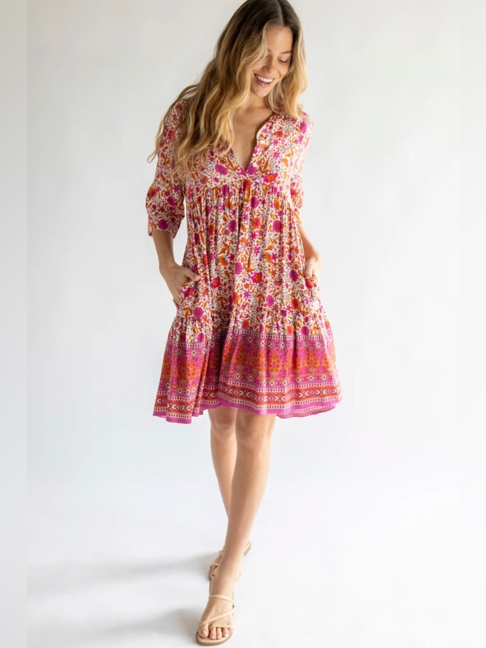 Natural Life Becca Babydoll Dress Pink Floral Sz M Boho Cottage Whimsigoth Folk